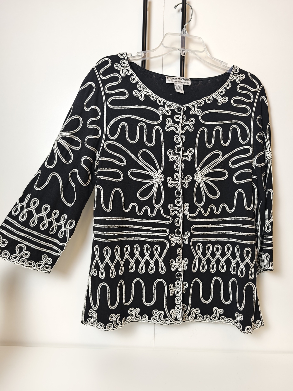 Lauren Michelle Black Embroidered Button Front Sweater White Soutache Large